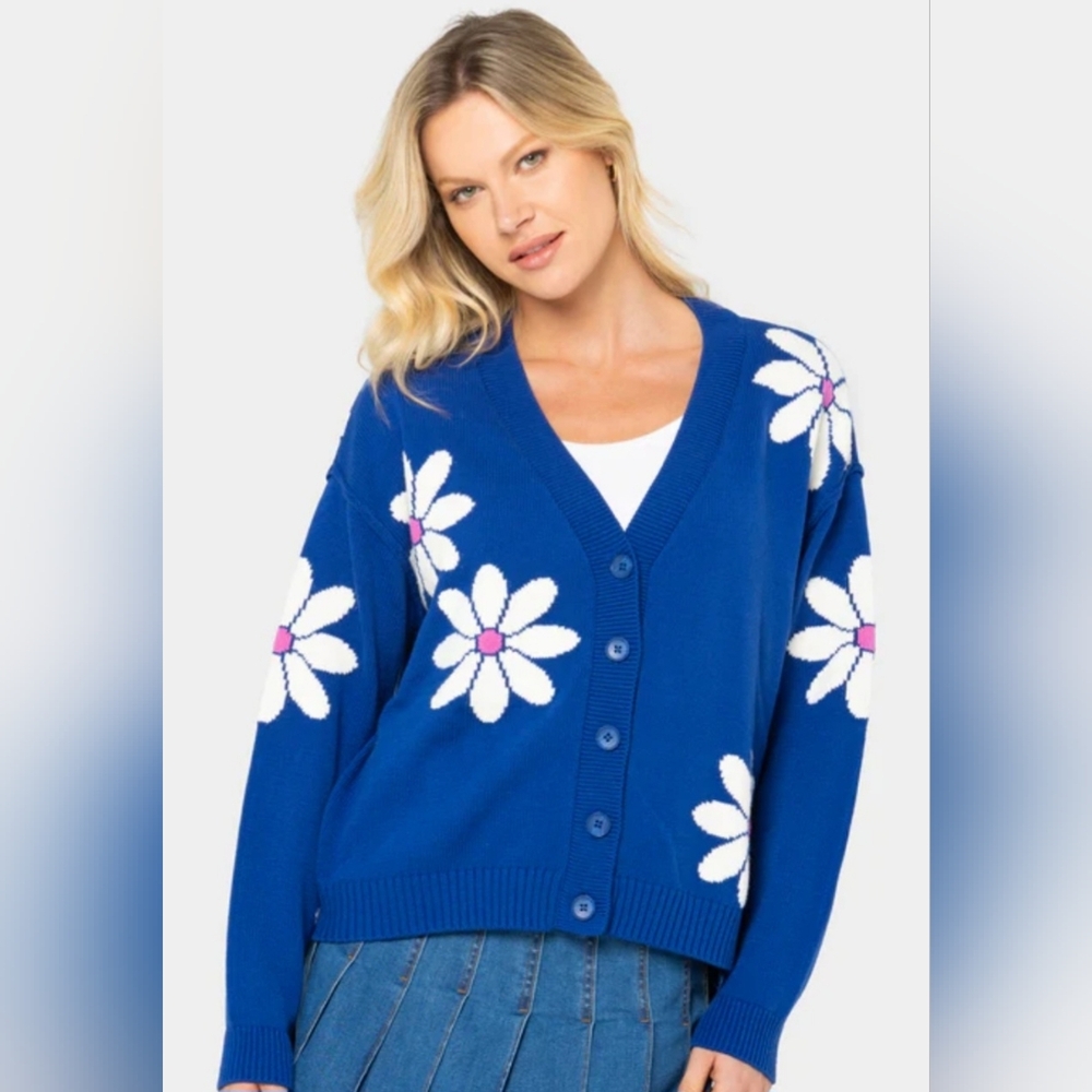 Peace Love World Blue Daisy Button V-Neck Cardigan with Pink Centers